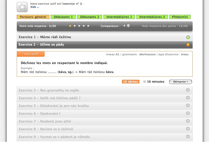 Vous pouvez choisir entre plusieurs batteries d'exercices en fonction de votre niveau du tchèque.